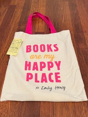 Out of Print Brand Emily Henry Canvas Tote with Pink and Orange Lettering